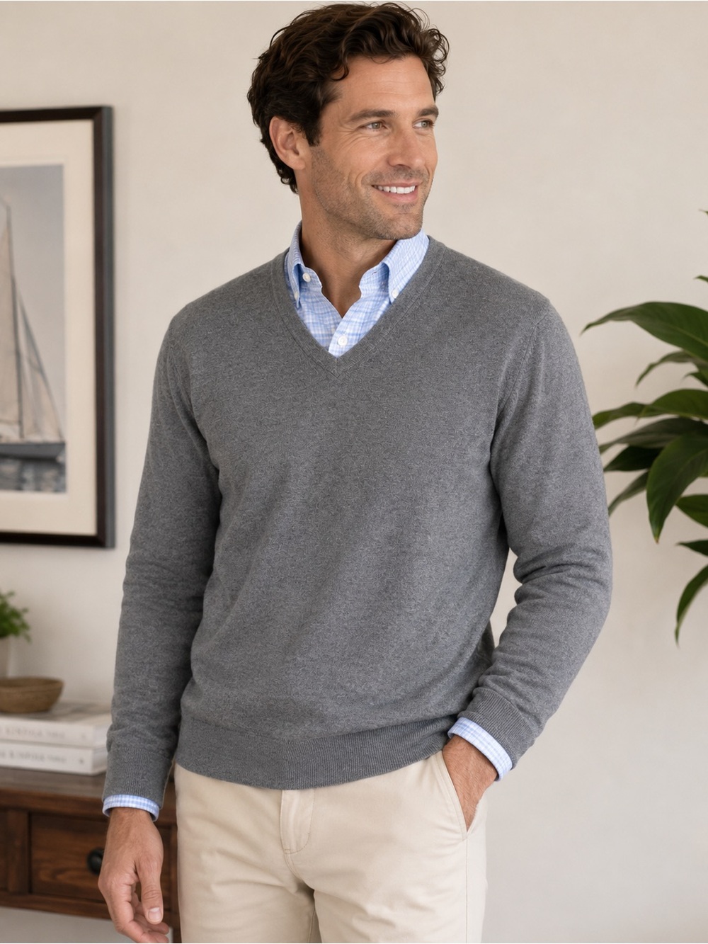NWT LANDS’ END Supima Cotton V-Neck Sweater Gray XL Classic Preppy